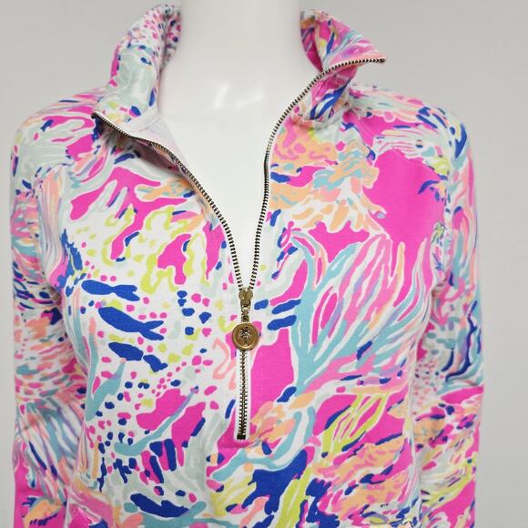 Lilly Pulitzer Skipper Popover Size S Caught Up Fish Coral 1/2 Zip Pocket Prepp - Picture 2 of 10